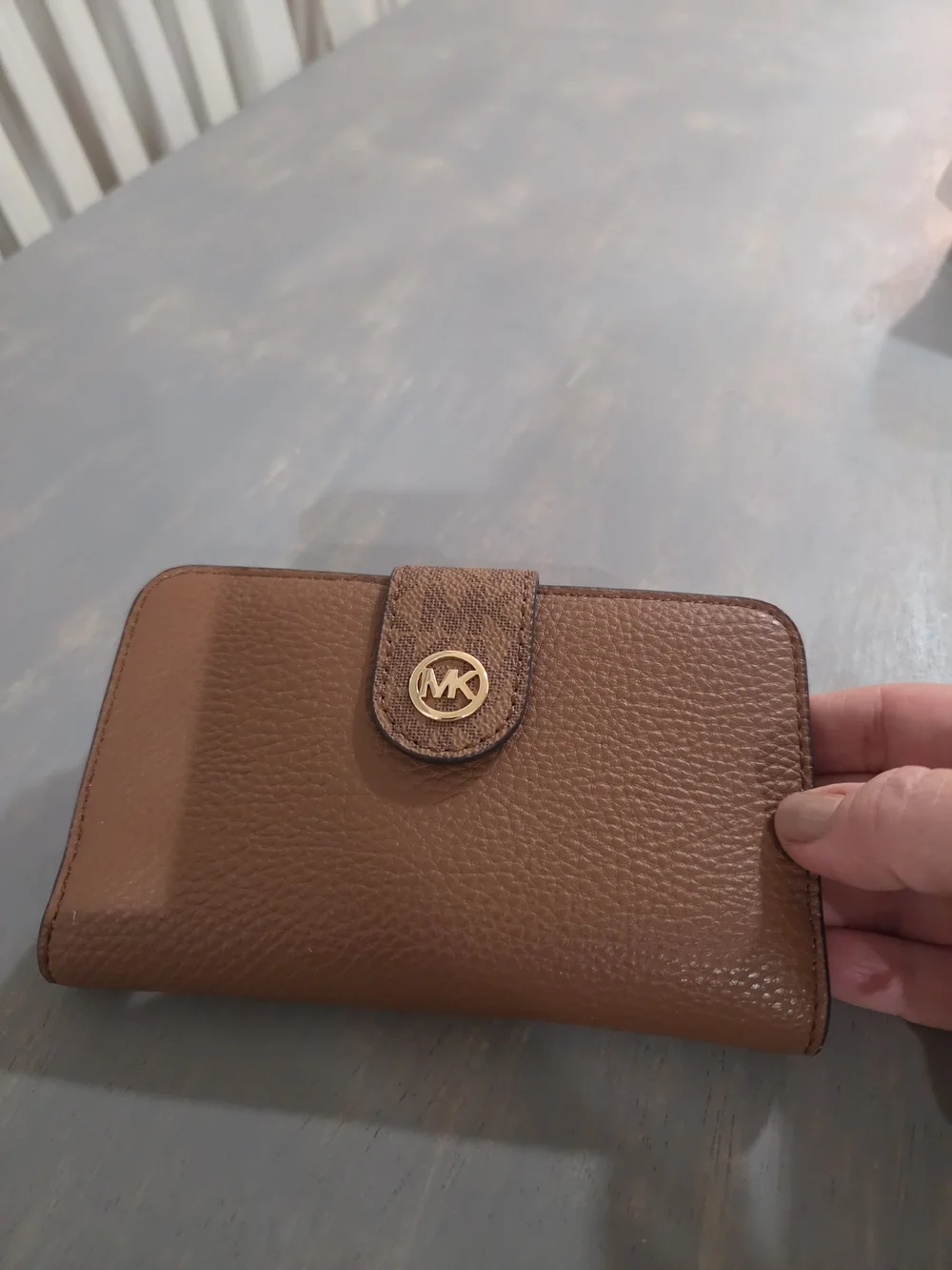 Michael Kors Brown Pebbled Leather Wallet-Style Phone Case with Gold MK Logo